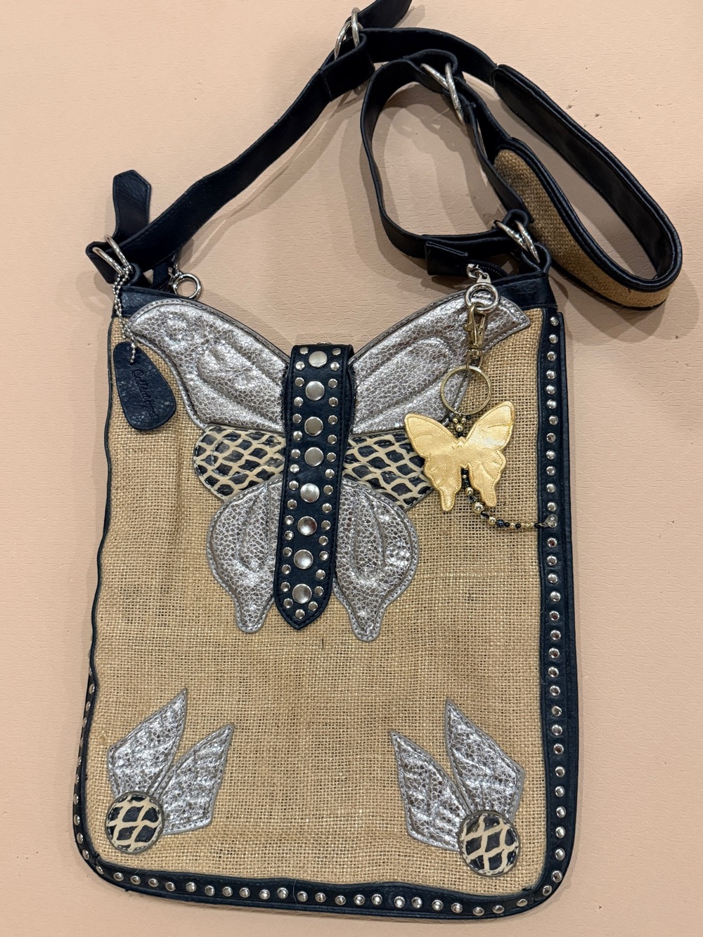 Neutral Jute Crossbody Bag with Silver Butterfly and Gold Charm
